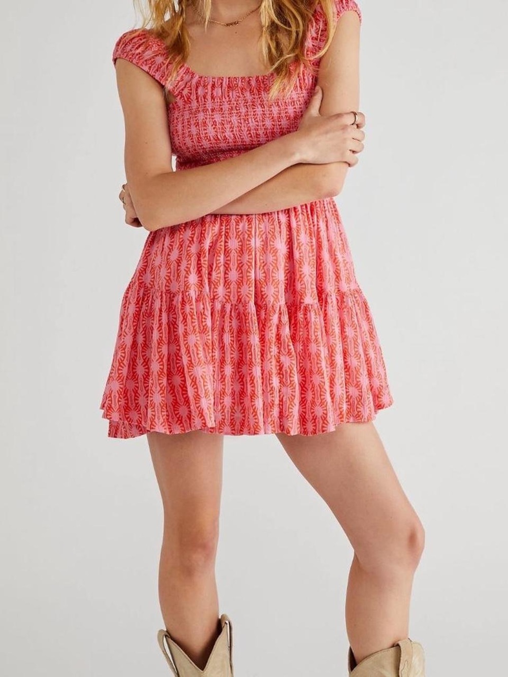 Free People Coral Pink Printed Tiered dress